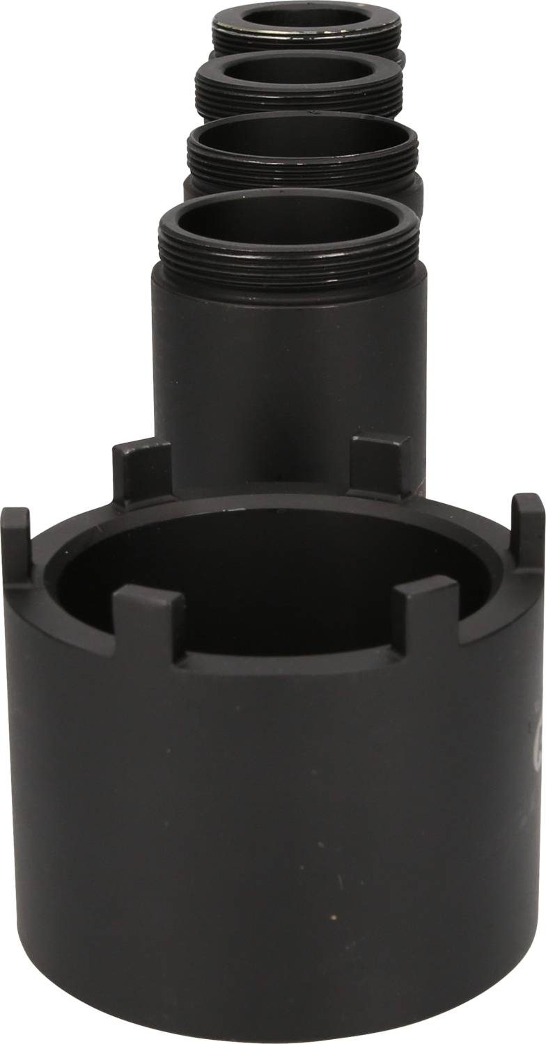 A metal adapter with multiple threads, graduated in size, serves to connect different components.