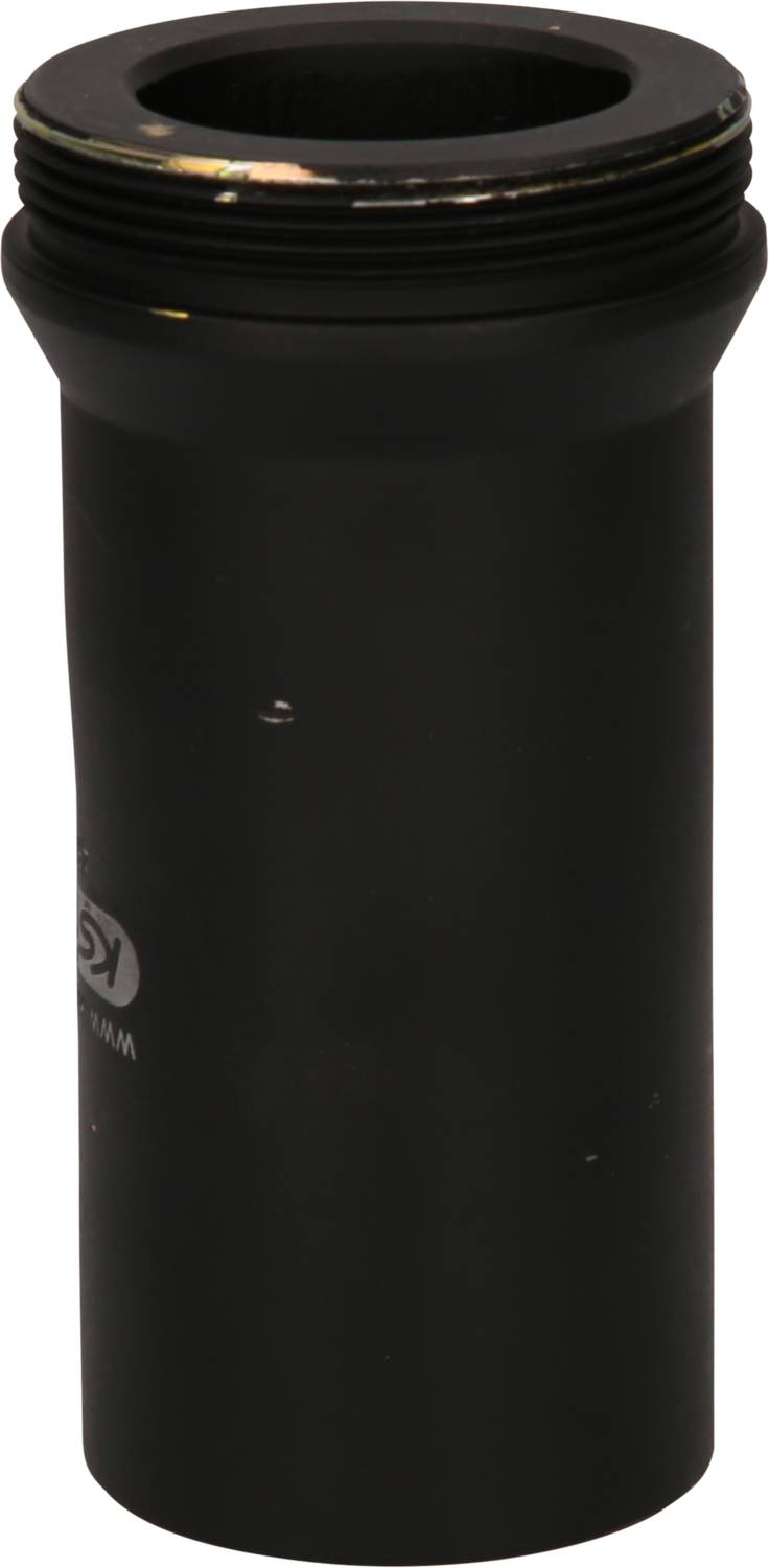 A cylindrical, black plastic pipe with threads at both ends, possibly part of a piping system or connection.