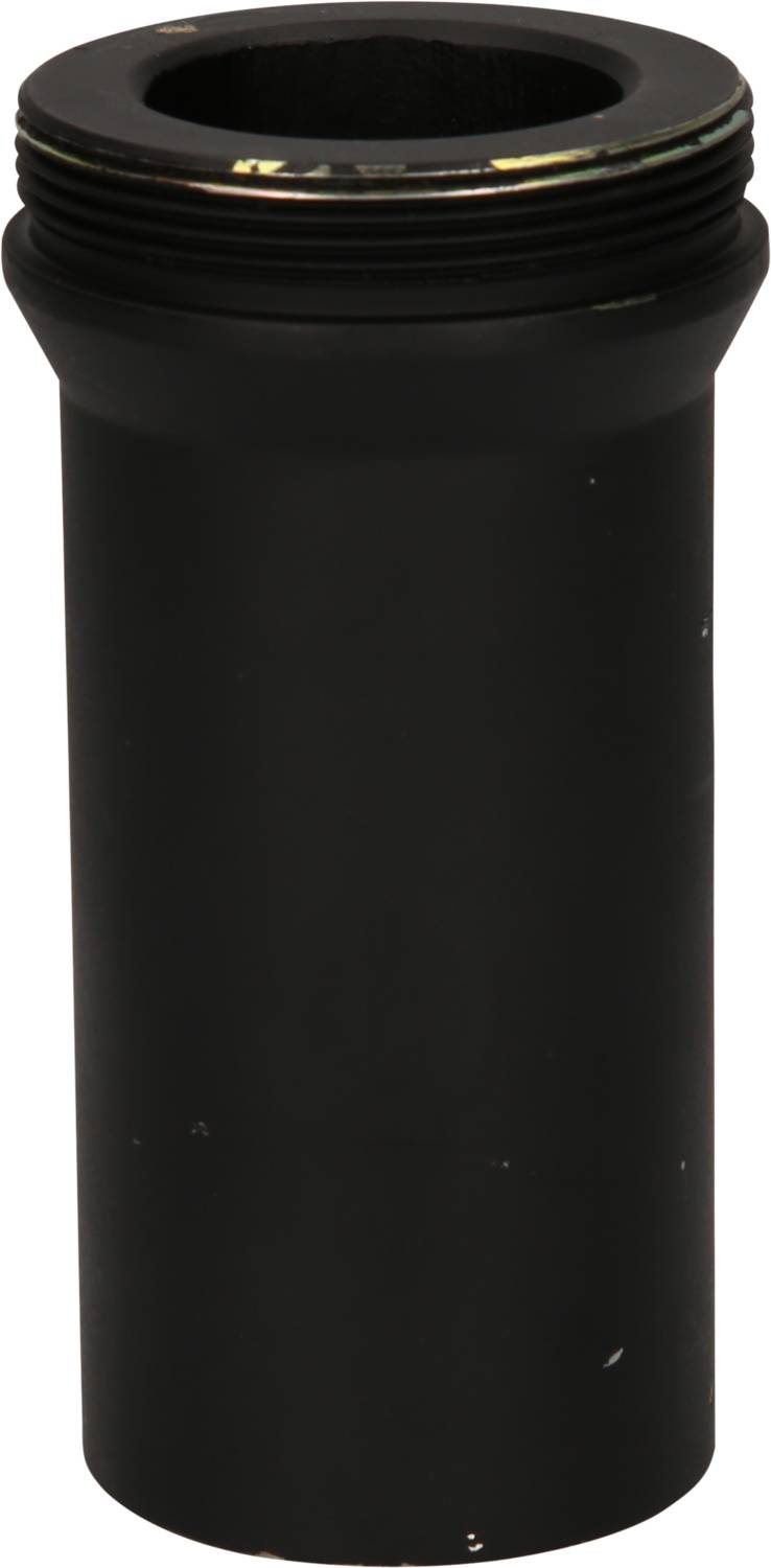 Black, cylindrical plastic adapter with internal threading, likely part of a technical device or pipe connection.