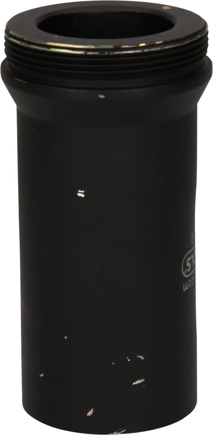 Black, cylindrical metal tube, slightly worn, with thread at one end.