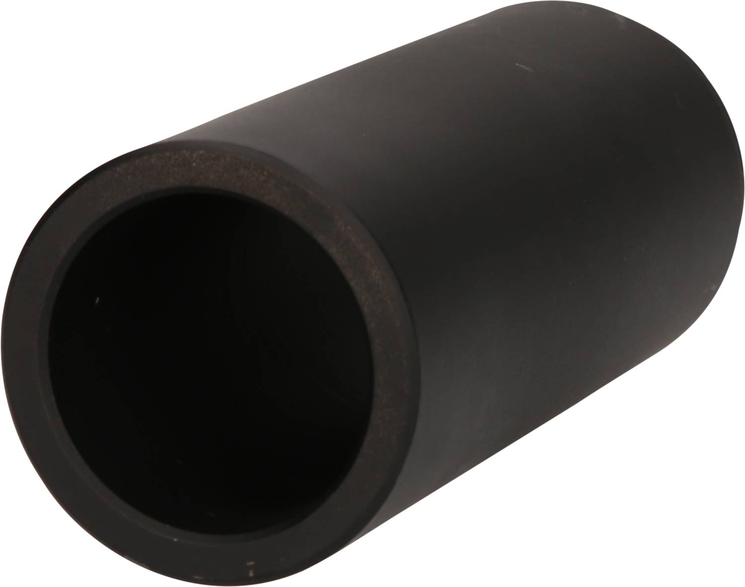 'Black cylindrical metal tube with no visible markings or labels, open at one end towards the left.'