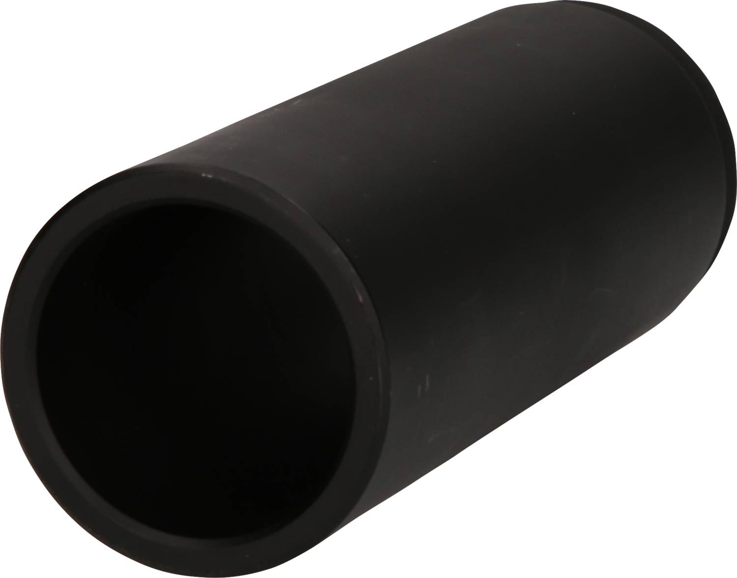 A black, cylindrical pipe with a smooth surface and open end, lying at a slight angle.