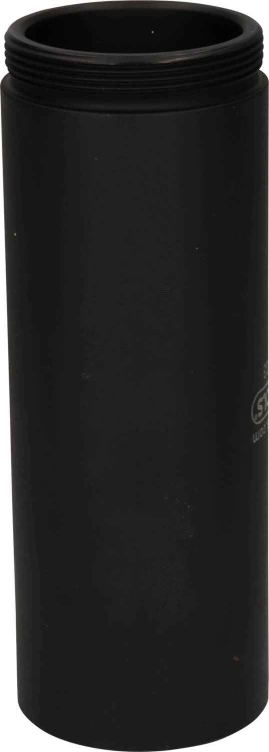 Black silencer tube adapter, cylindrical shape, with threaded top. Used for weapon sound suppression.