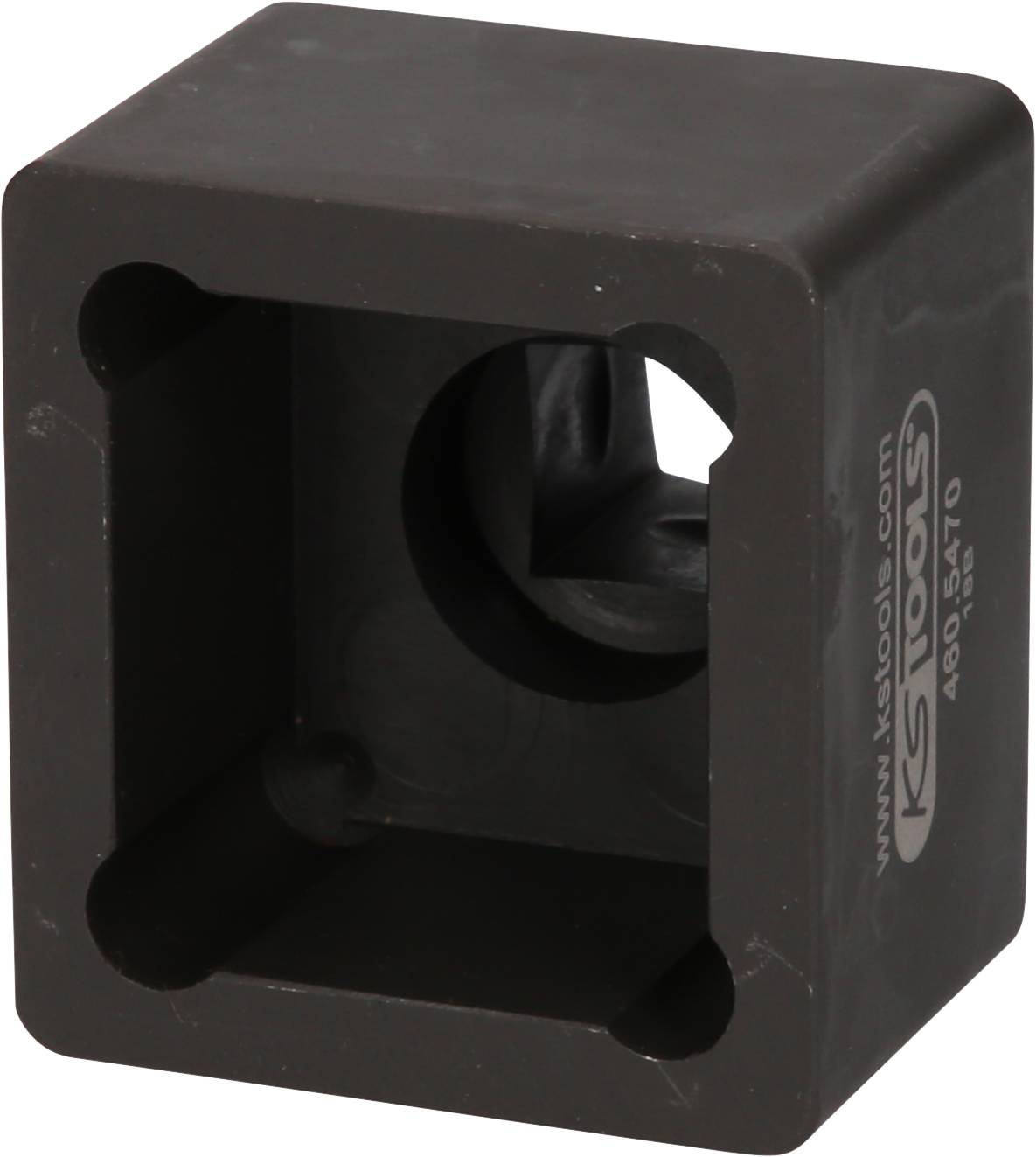 A square plastic block with an internal screw housing and edge apertures, dark-coloured with an engraving on the side.