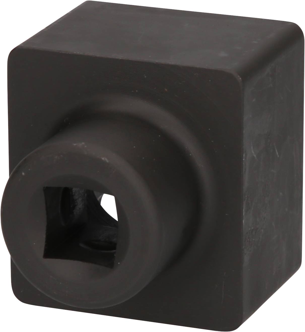 A black, square object with a protruding, circular central section and a square aperture in the middle.