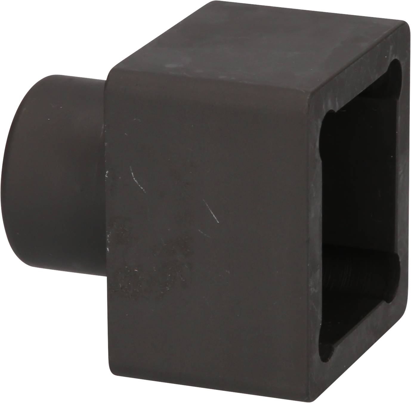 A square metal connector with a cylindrical lateral socket, likely a component for industrial applications.