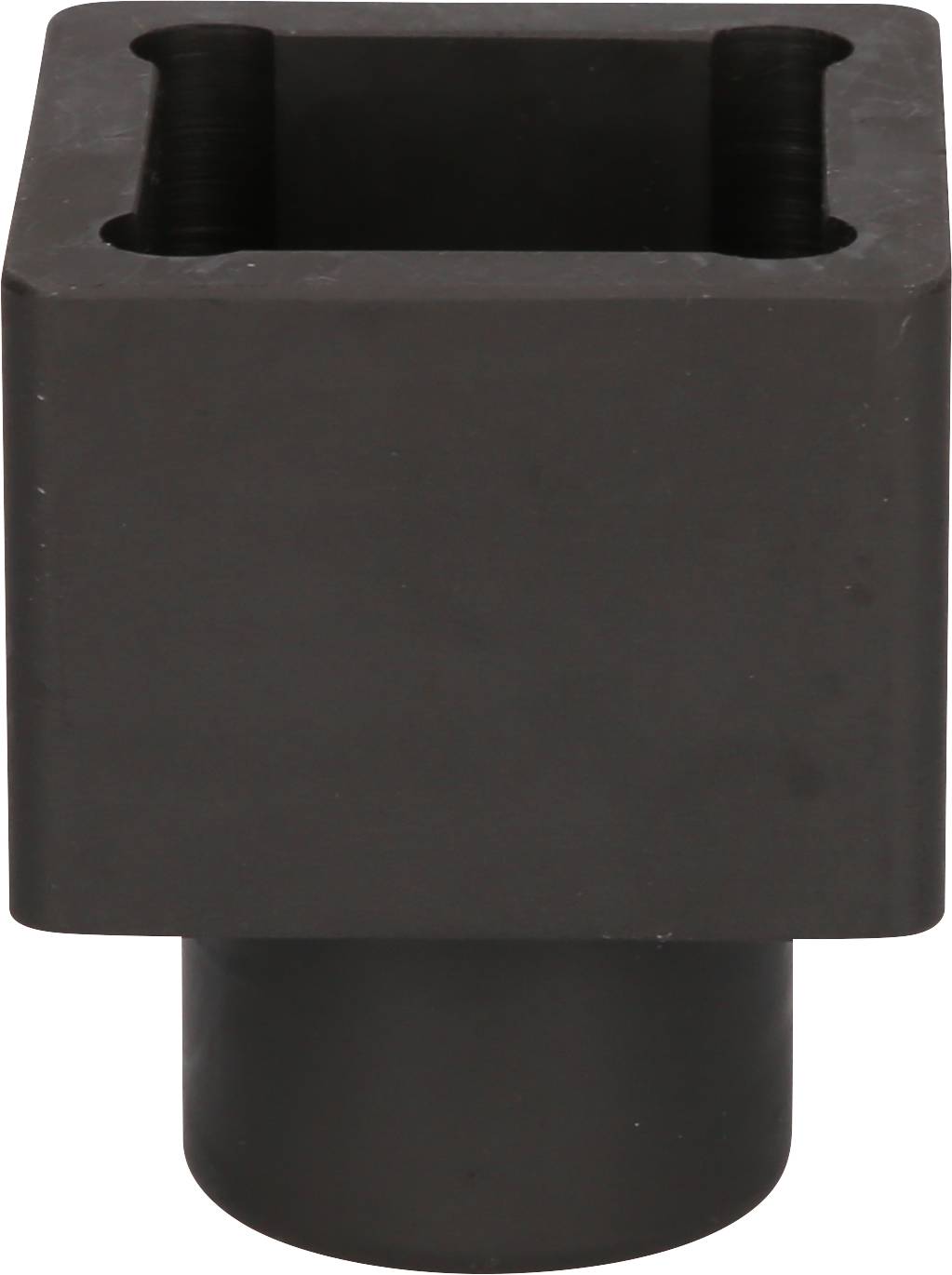 A black, square metal piece with a cylindrical base and hollow interior, used for industrial fastening.