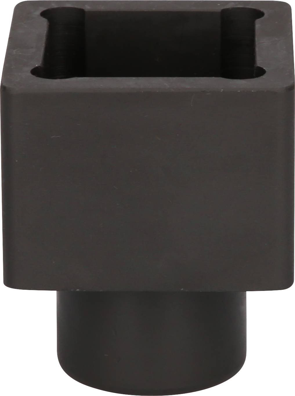 Black, square metal component with a rectangular cutout at the top and a circular base at the bottom. Used for mechanical connections.