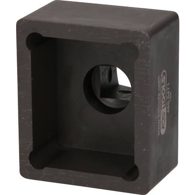 A black, rectangular metal block with a round hole in the centre and rounded edges. Markings are engraved on the side.