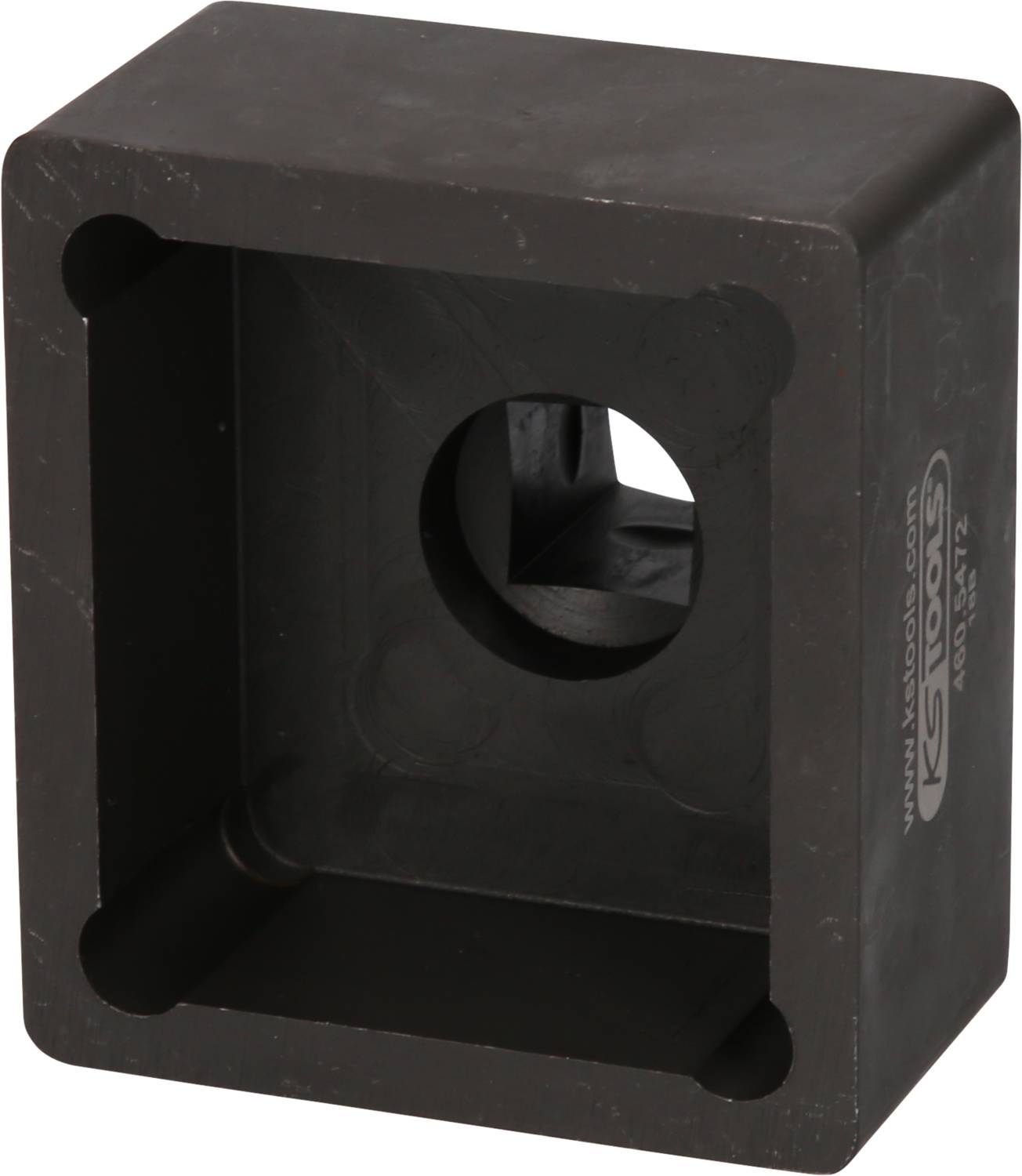 A black, square metal block with a circular hole in the centre, possibly part of a mechanical system.