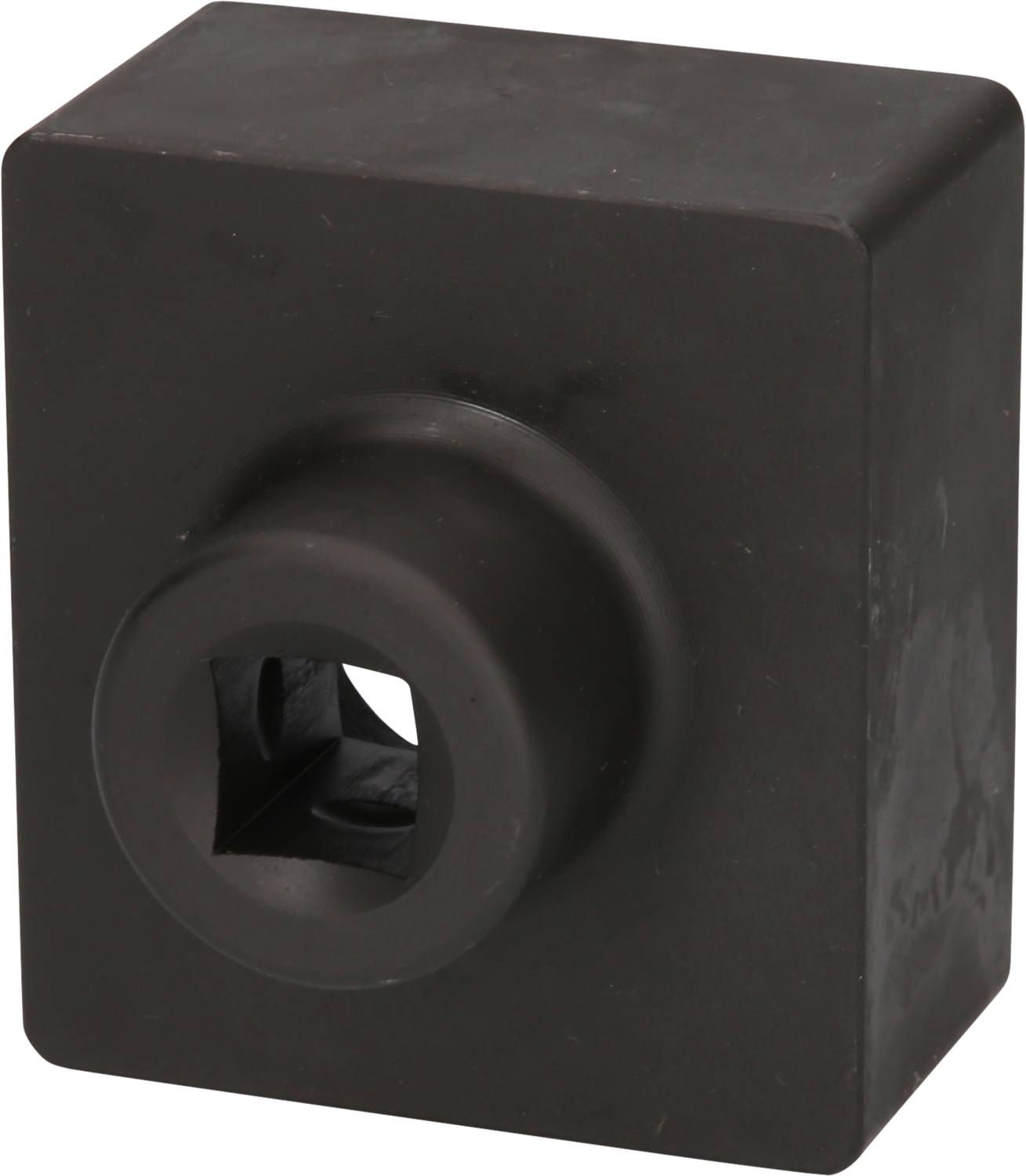 Rectangular black adapter with a square opening in the centre, likely for connecting technical devices.