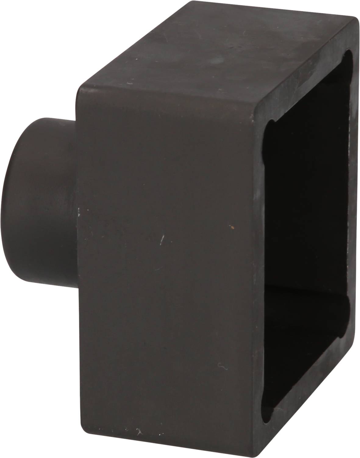 A black, square metal component with a cylindrical protrusion on one side.