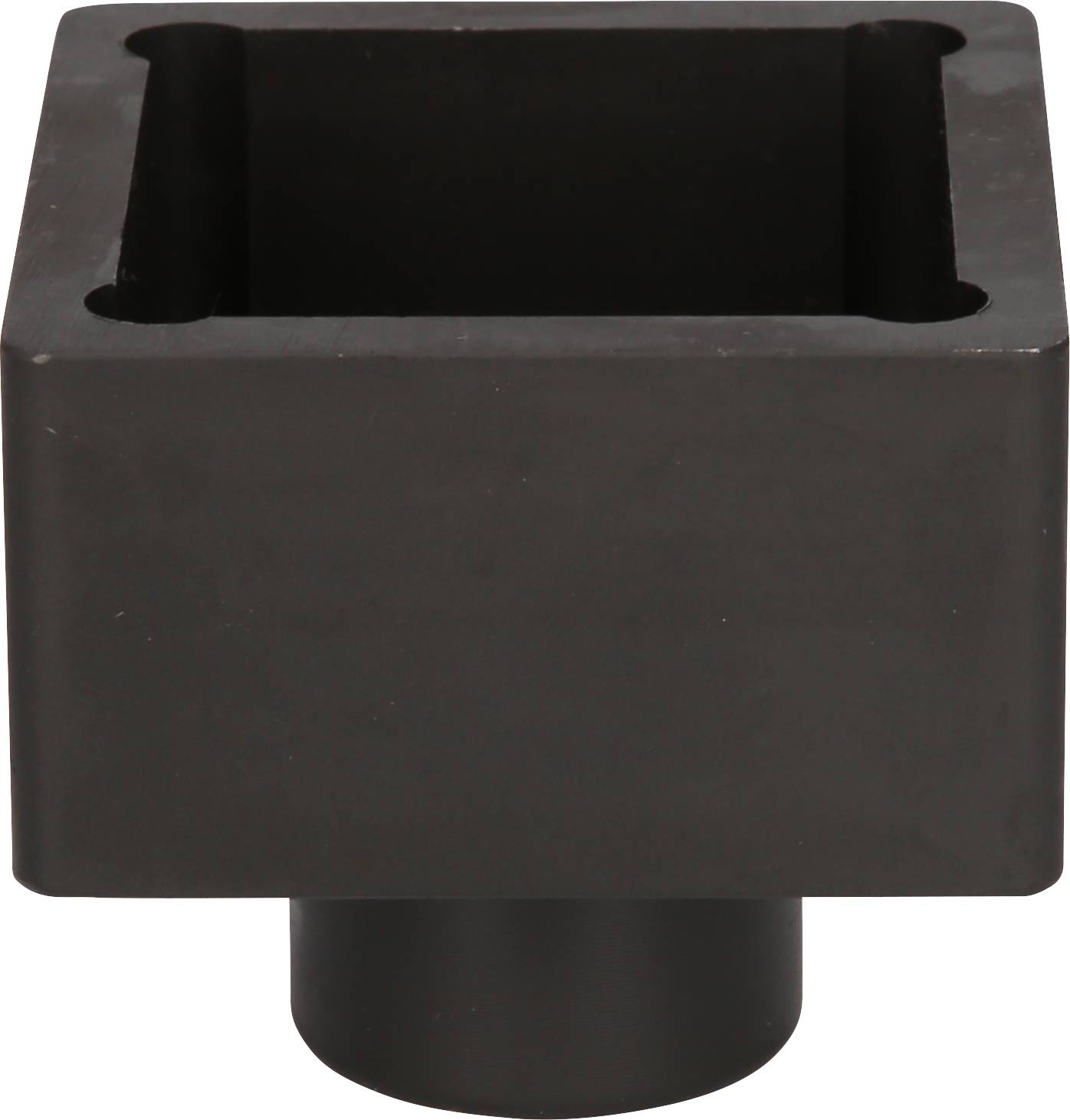 Square, black container with rounded corners and a cylindrical base.