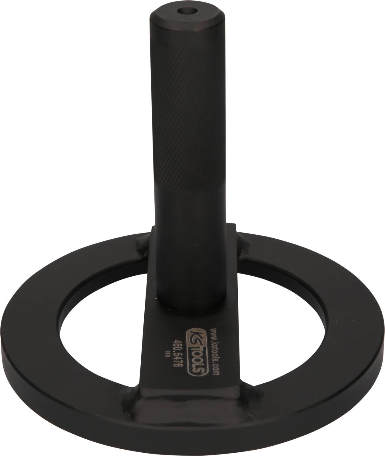 Round, black metal weightlifting handle with a cylindrical grip and company logo.