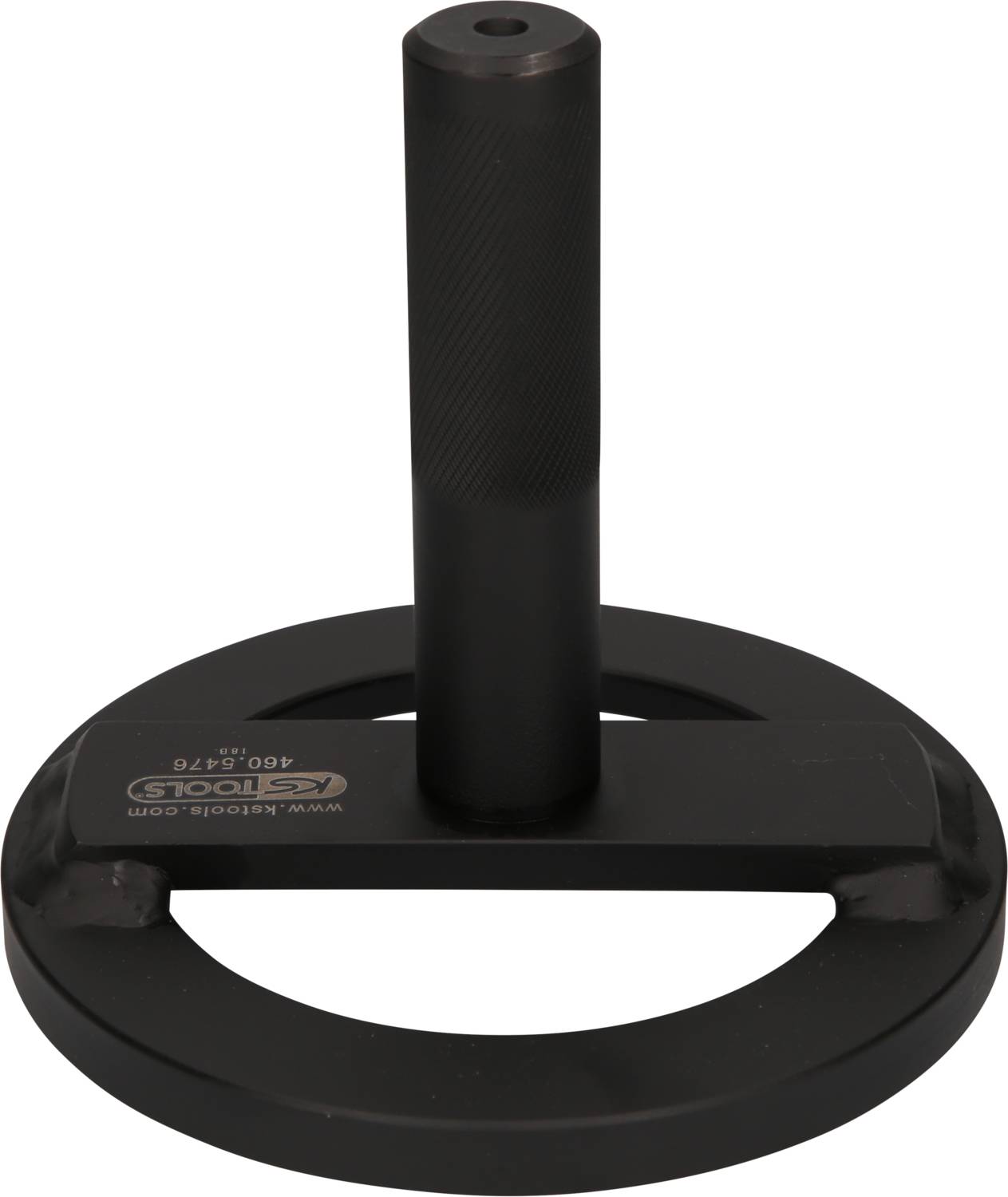 A black, round magnetic base with an upright handle in the centre, used for secure attachment to metallic surfaces.