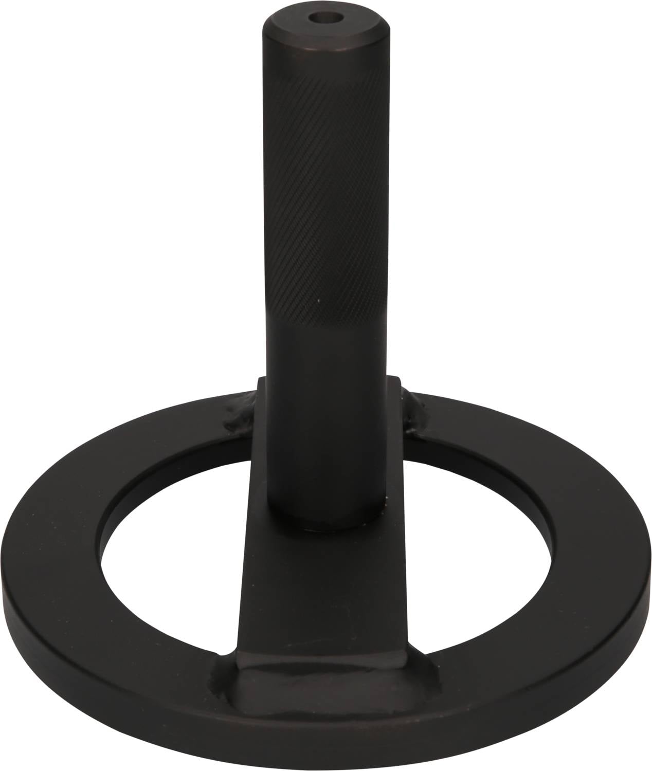 Black metal stand with a round base and vertical handle, possibly for weight stabilisation or storage.