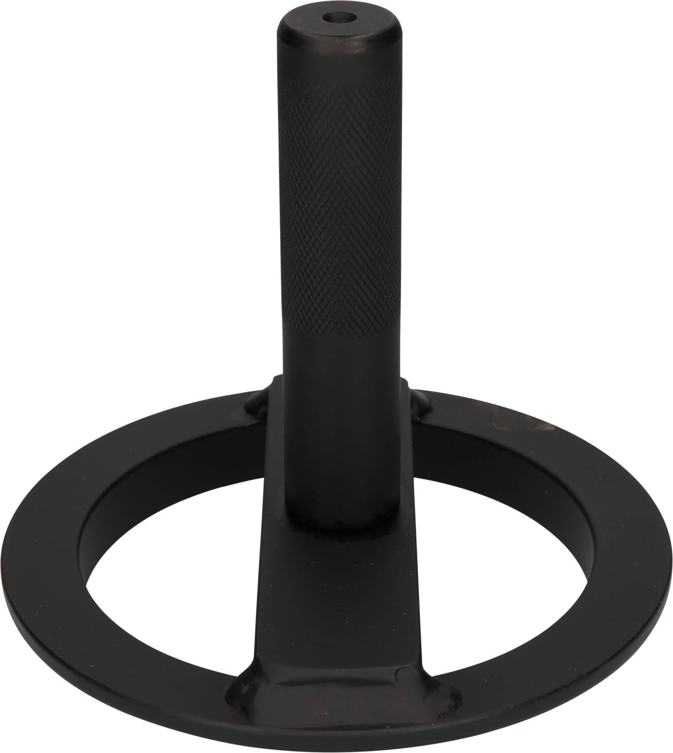 A black metal tool with a ring-shaped base and a vertical handle in the centre, possibly a tamper.