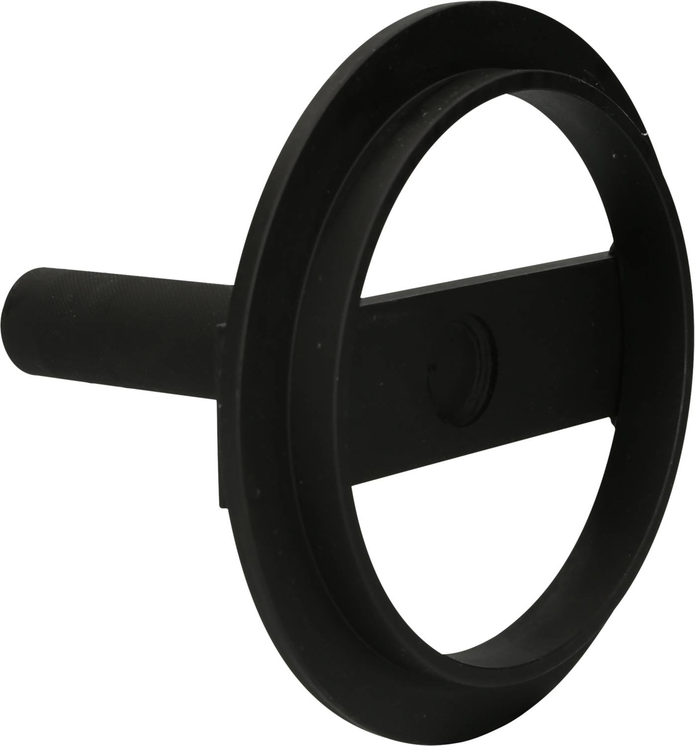 Black plastic component, consisting of a wide ring with a rod. Possibly a part or accessory for mechanical applications.
