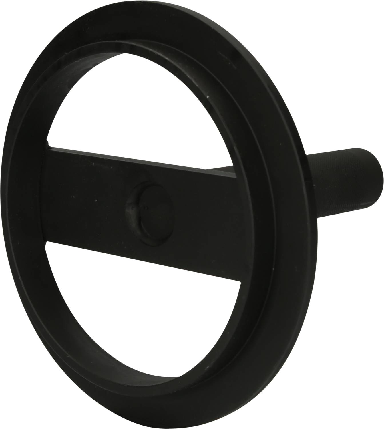 A black, round steering wheel with a horizontal grip. Suitable for toys or model vehicles.