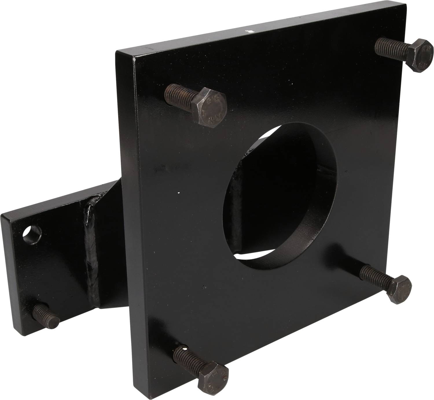 A black metal plate with a round hole in the centre, surrounded by four screws at the corners.