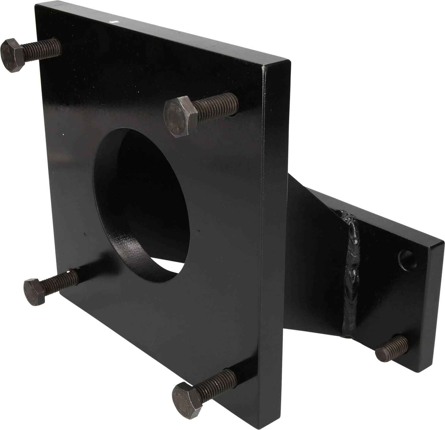 'Black metal flange piece with five screws. It has a round hole in the centre and is used for securing to a structure.'<br><br>Note the British English spelling of 'centre' and the overall natural phrasing while preserving the original meaning.