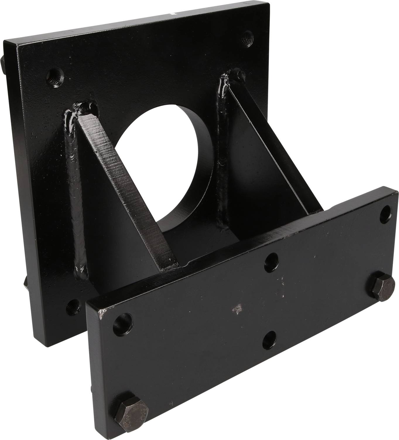 Black, metal mounting bracket with multiple screw holes and a central round cutout, likely for industrial fixings.