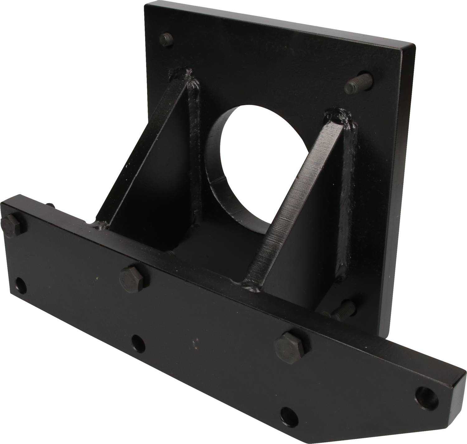 A black metal bracket with a circular cut-out and several screws used for fixing or mounting.