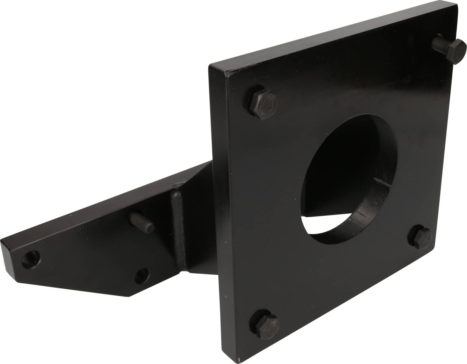 Black metal mounting bracket with a square plate and circular hole, secured with screws at the corner.