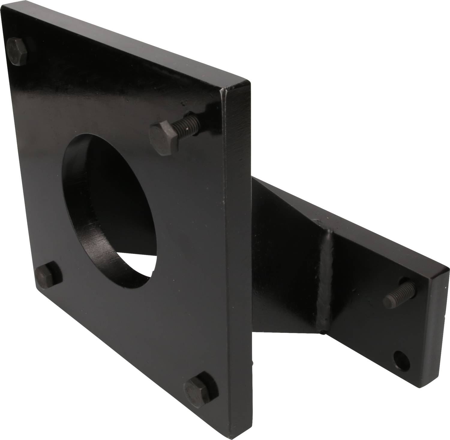 Black painted metal L-shaped piece with a circular cut-out and screw holes, used as a mounting or fixing component.