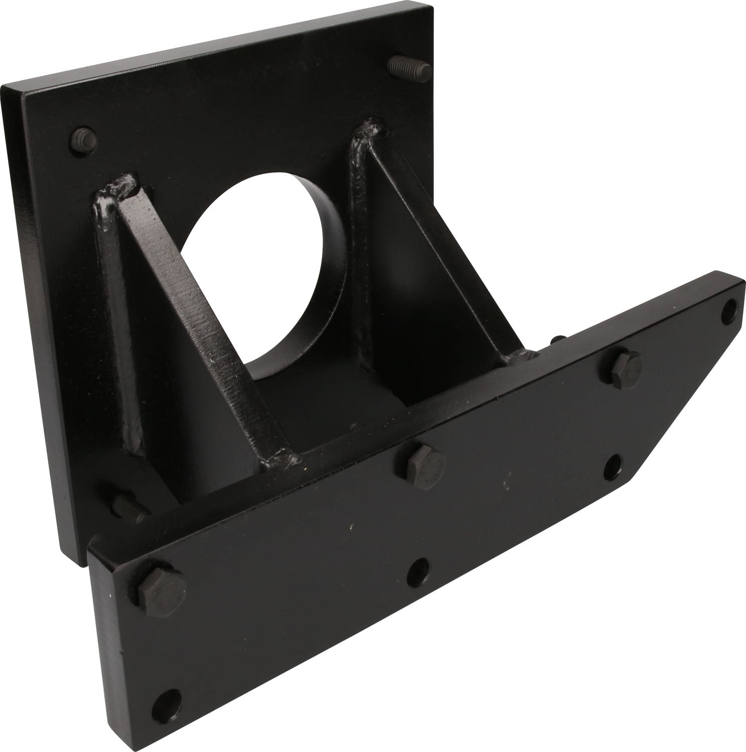 Black metal fastening component with an L-shaped structure and a circular hole in the centre, suitable for industrial applications.
