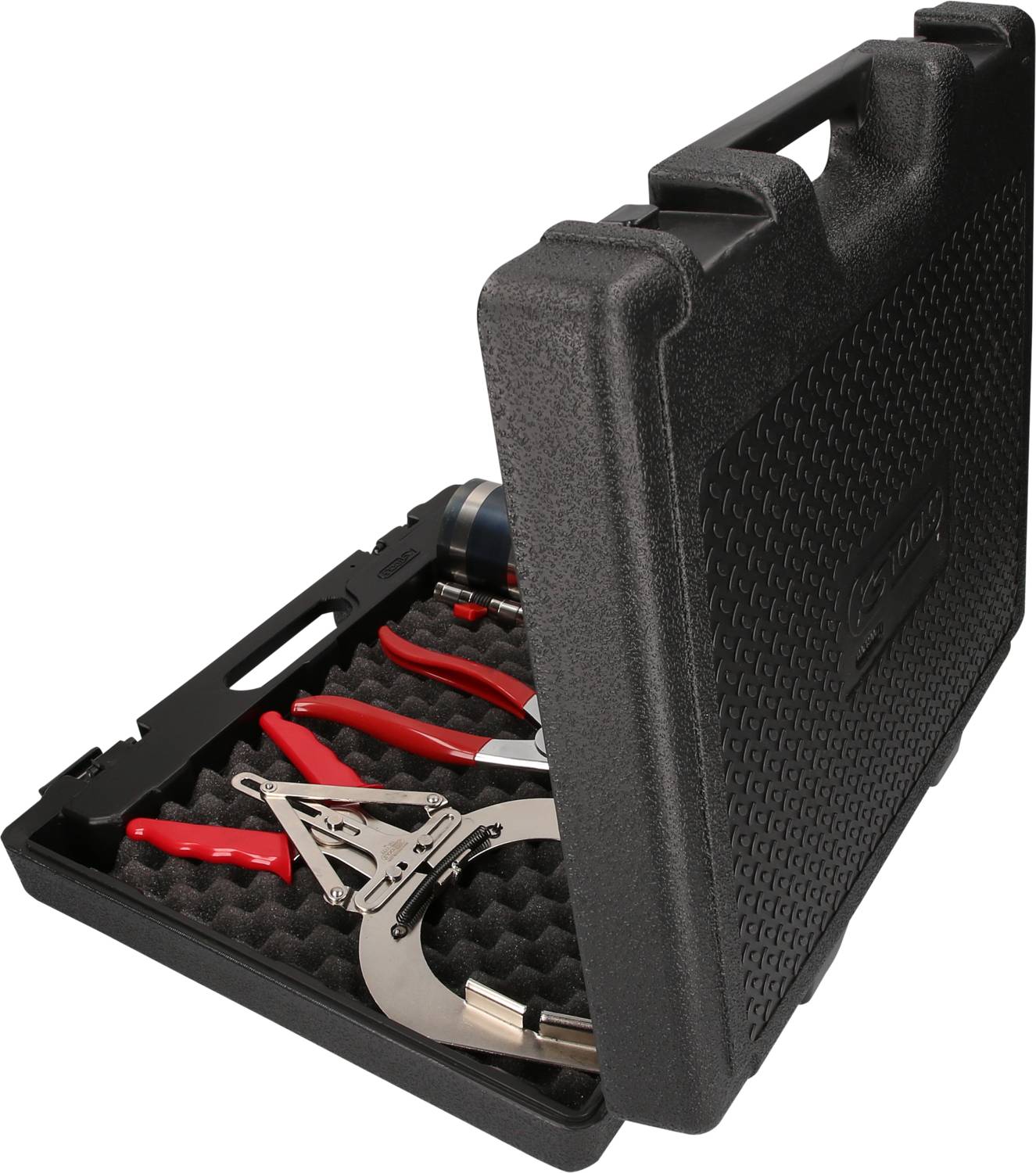 An open black toolbox contains various pliers and tools, neatly arranged in a foam insert.