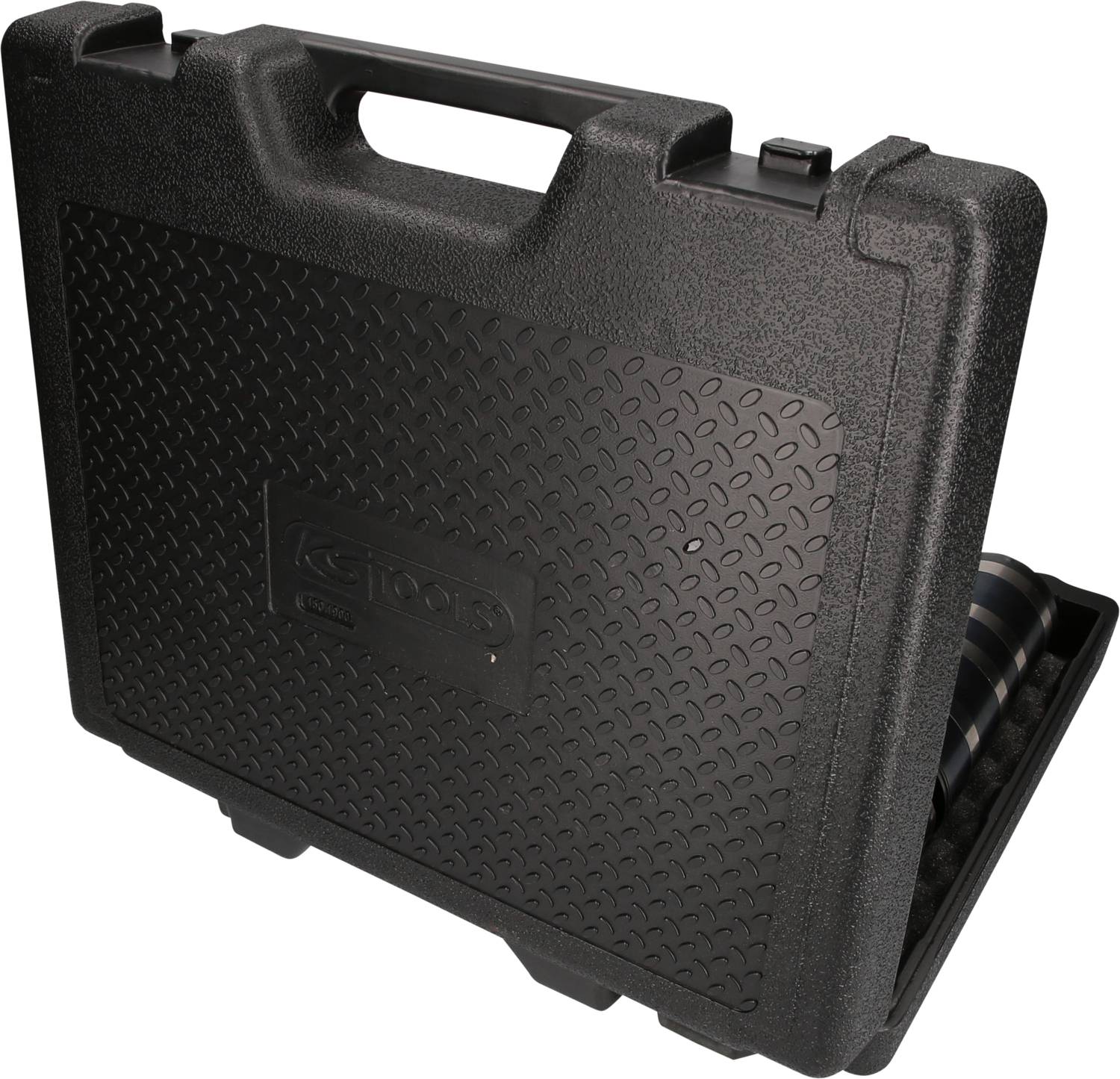 Black closed plastic suitcase with a textured pattern and a handle on top.