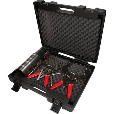 An open black tool case with foam lining displays two clamps with red handles and several cylindrical metal components.