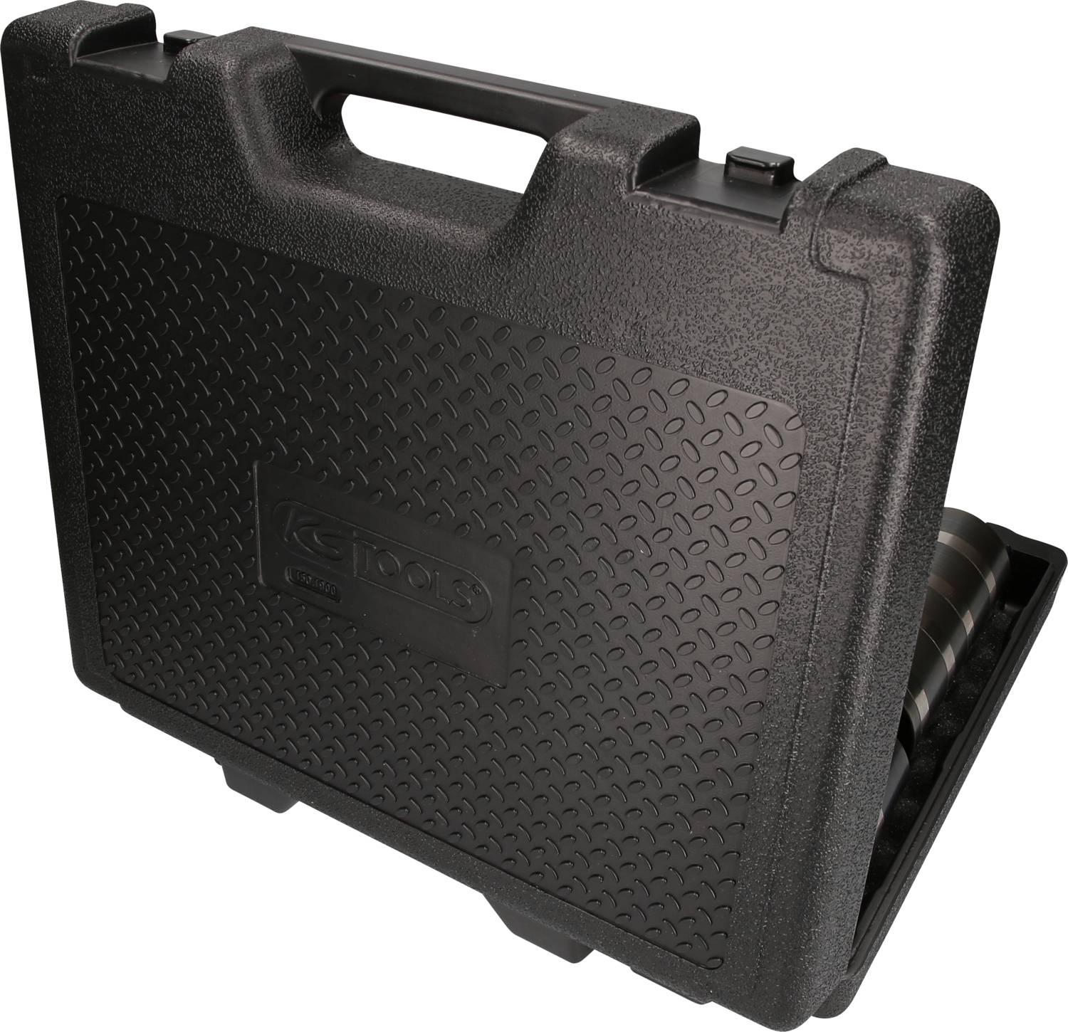 A black, structured tool case with a handle and slightly open lid, revealing a glimpse of its interior.
