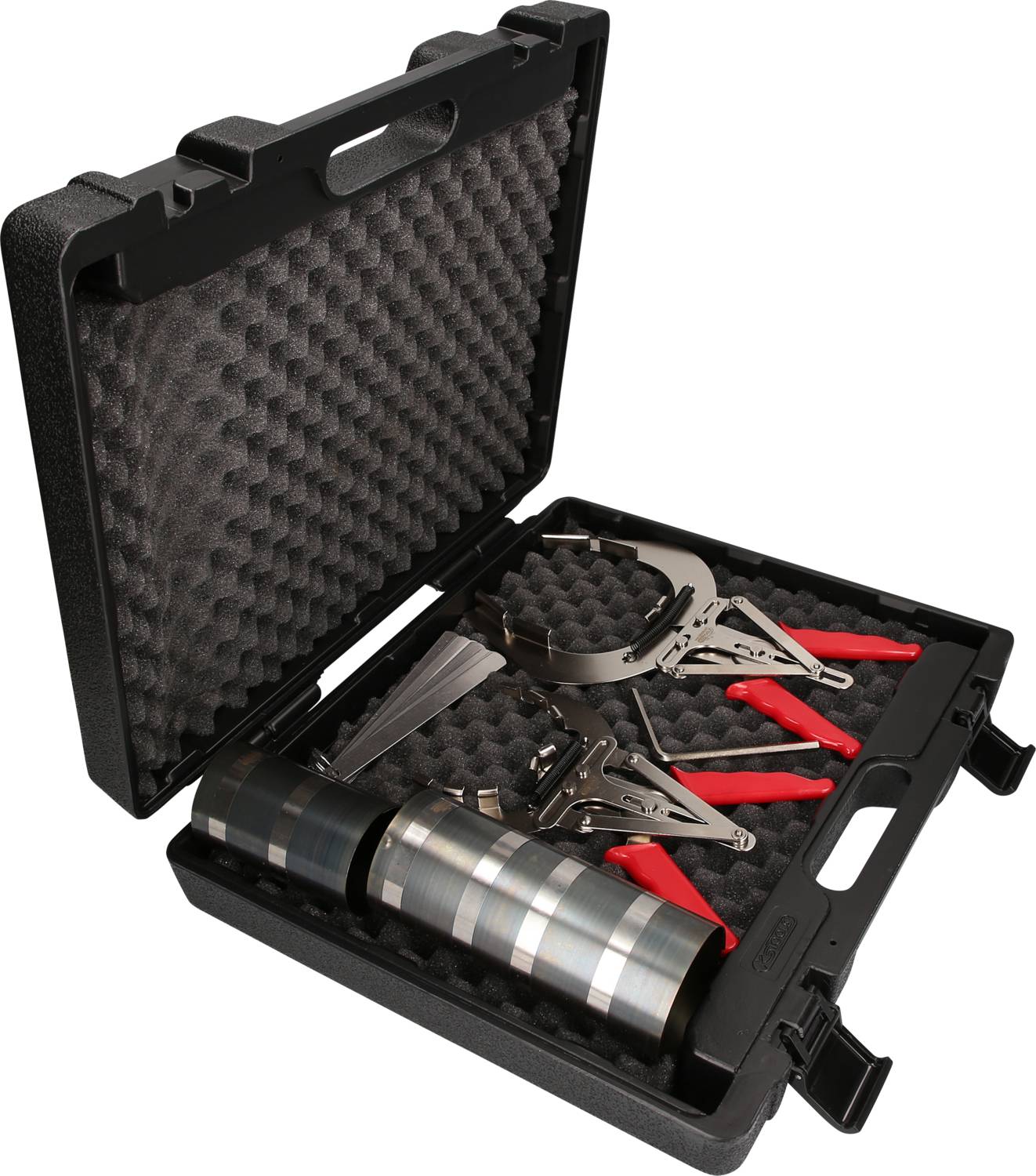 Open black tool case with foam lining, containing metal tools with red handles.