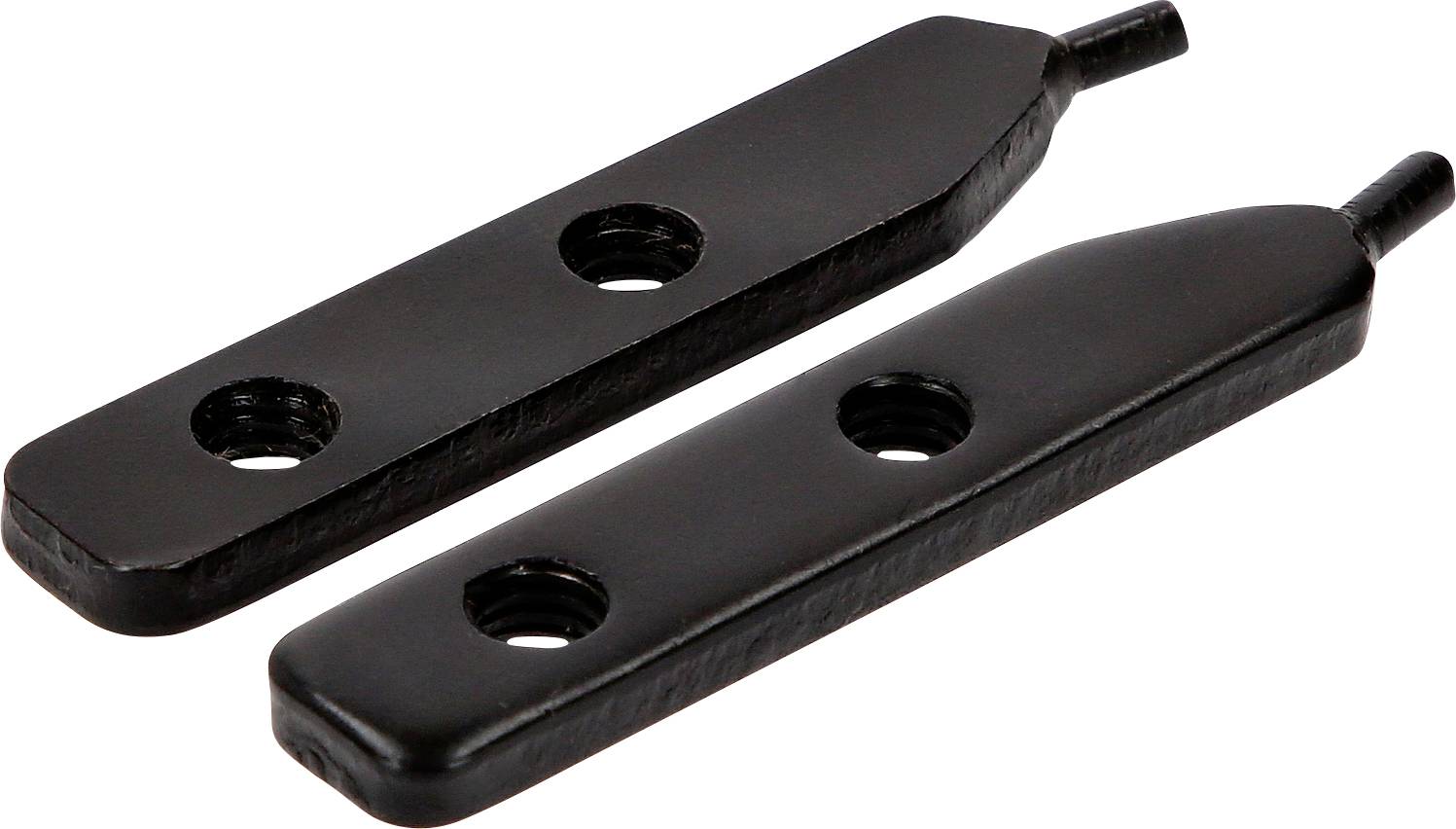 Two black plastic toggle switch paddles with threaded stems and two circular mounting holes each, shown on a white background.