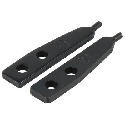 Two black metal parts, each with two holes and a bevelled tip. They appear to be robust components.