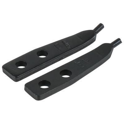 Two black, flat metal pieces with two round holes each and a rounded end, on a white background.