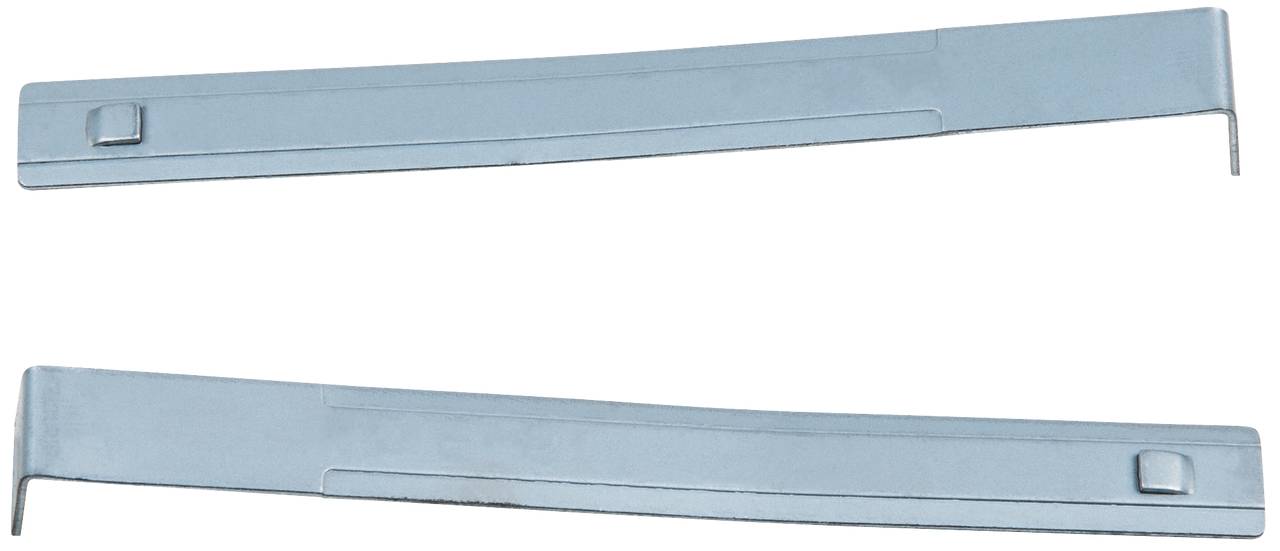 Two curved metal strips arranged one over the other. They are identical in shape and size and appear like tools or components.