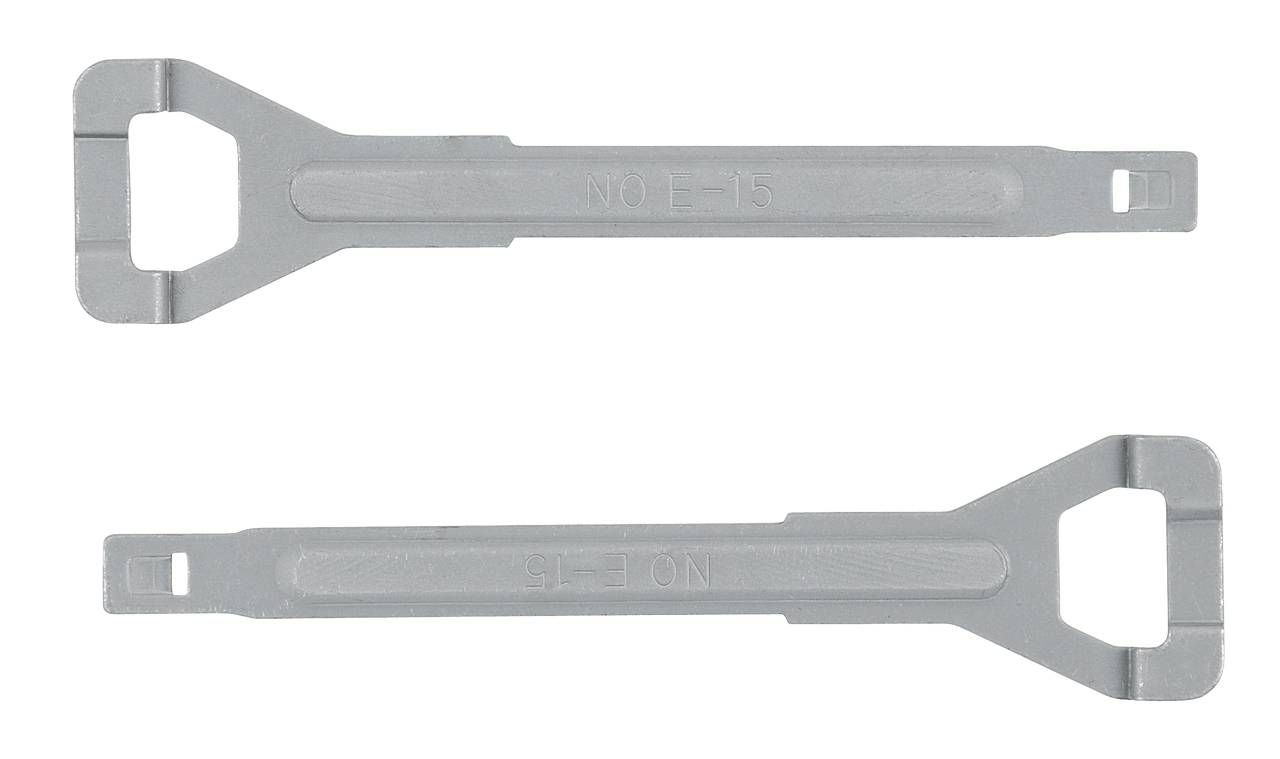 Two grey metal pins with open ends, lying on top of each other. Each pin shows 'NO. 15'.