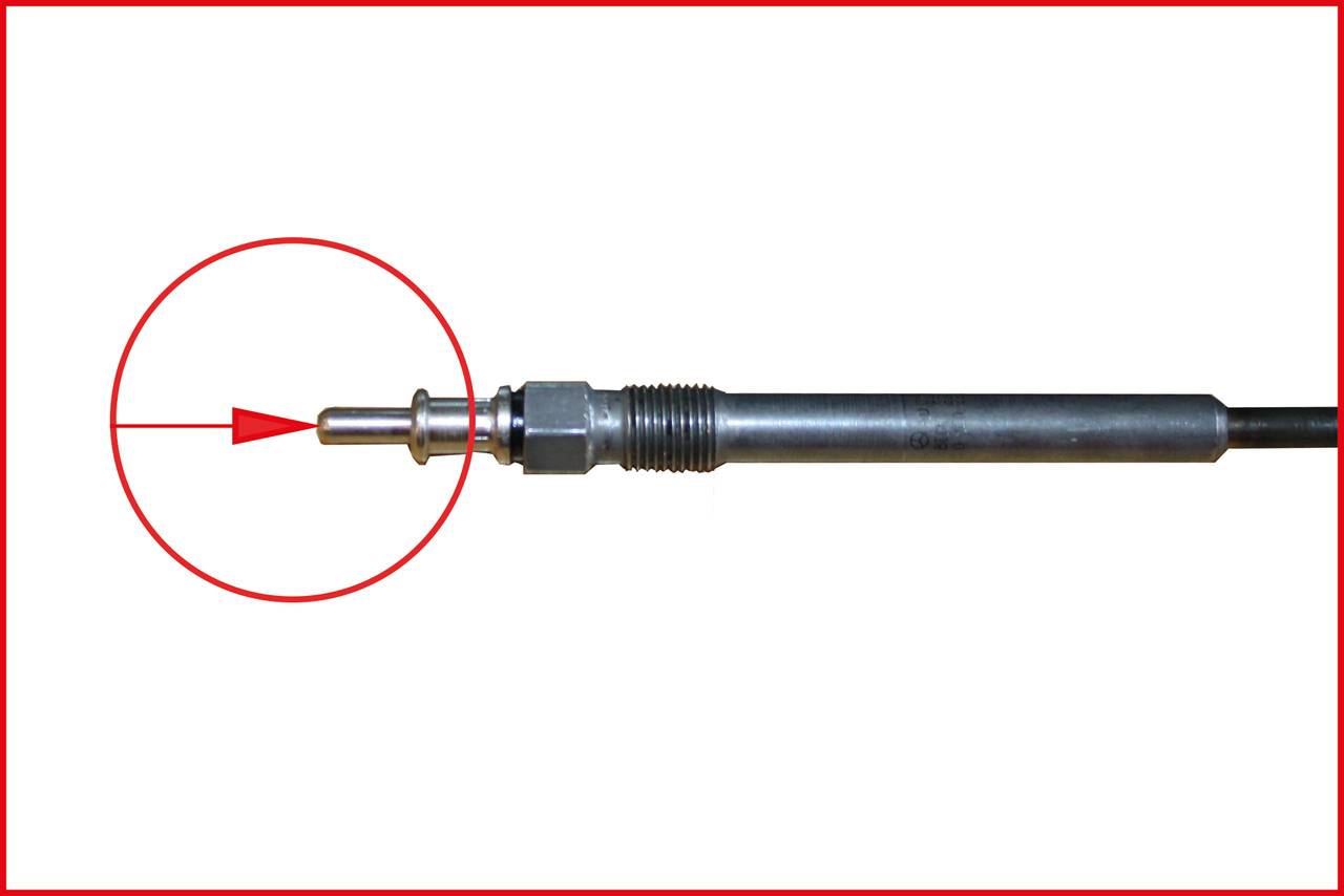 Glow plug with a detailed close-up of the tapered tip, highlighting the heating component. Essential for motor starting processes.