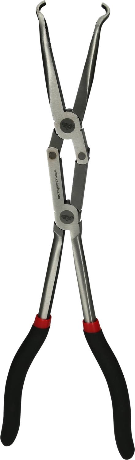 Long pliers with curved tips and red and black handles, suitable for hard-to-reach places.