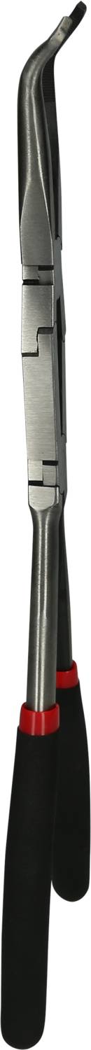 A metal pipe wrench with curved jaws and black handles, demarcated by red rings. It is used for gripping.