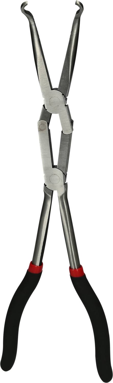 Pliers with a long handle and curved tips, suitable for hard-to-reach areas, with red and black rubber grips.
