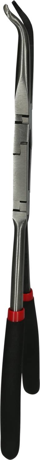 A long, curved metal forceps with black handles and red markings for tooth extraction or medical use.