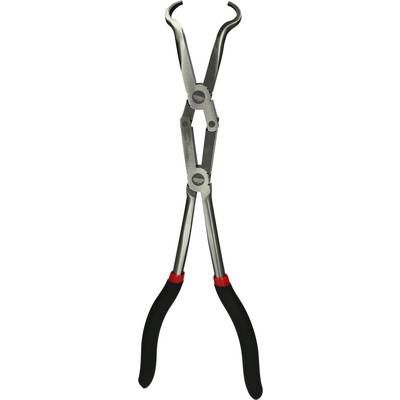 Specialist pliers with curved jaws and non-slip black handles, used for precise work in hard-to-reach areas.