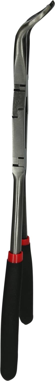 A long, curved metal pliers with black handles and red details, suitable for precision work or hard-to-reach areas.