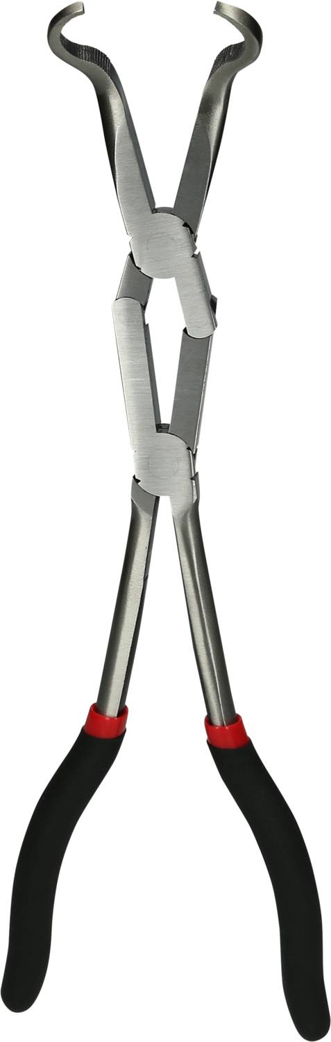 Metal pliers with black handles and curved tips, enabling the gripping and holding of objects in hard-to-reach areas.