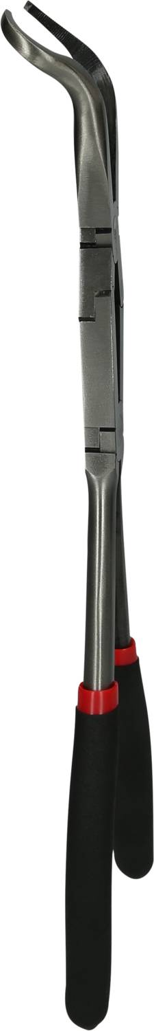 Pliers with red accents and a black handle, curved tips, suitable for gripping or holding small objects.