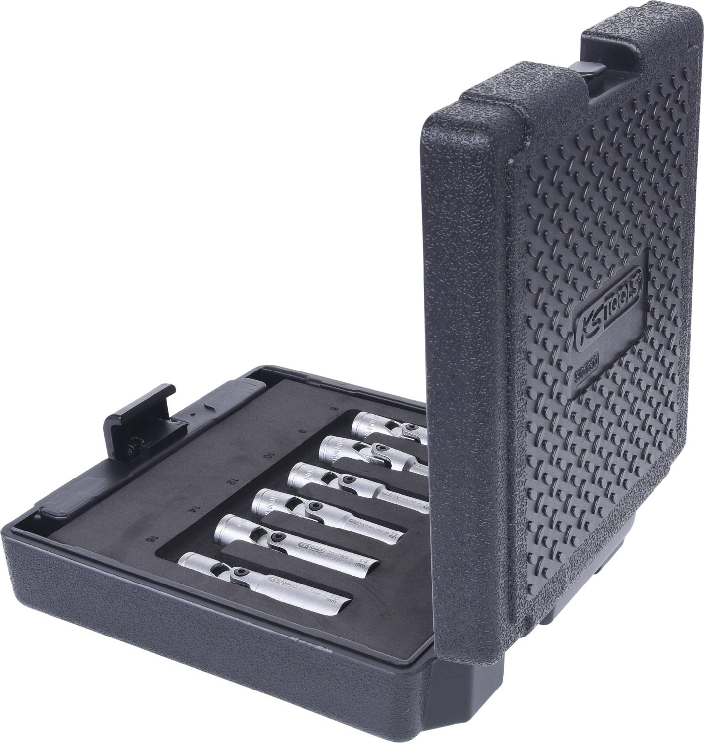 An open black toolbox with six metal drill bits in various sizes, neatly arranged.